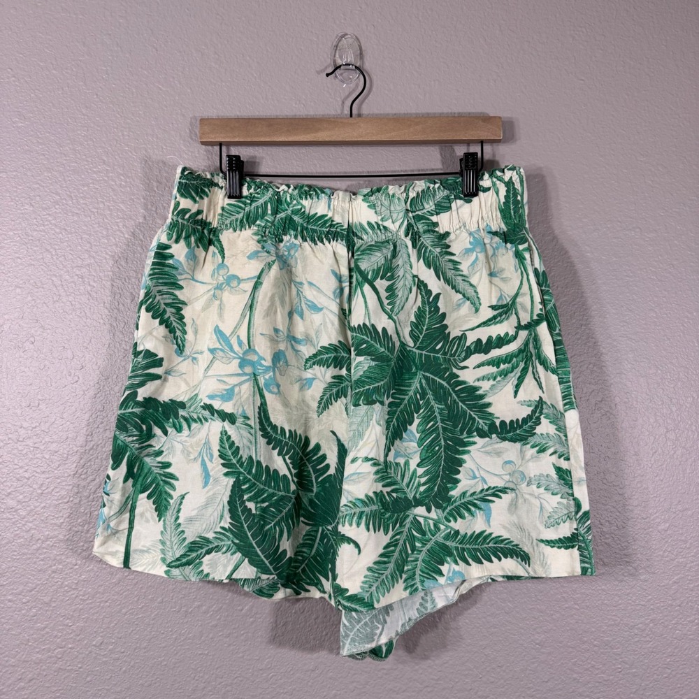 H&M Women's Size L Green Tropical Fern Print Linen Blend Pull On Shorts